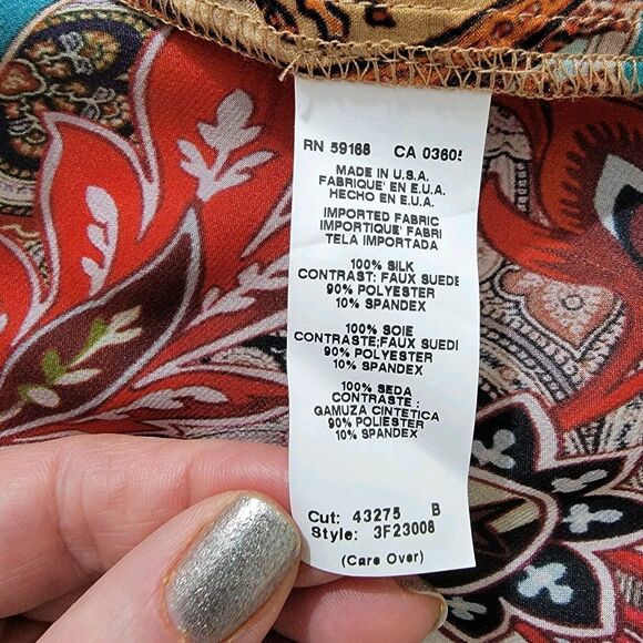 Vintage Fifteen-Twenty Silk Popover Blouse Multicolor Suede Cuffs Sz L USA Made - Picture 4 of 14